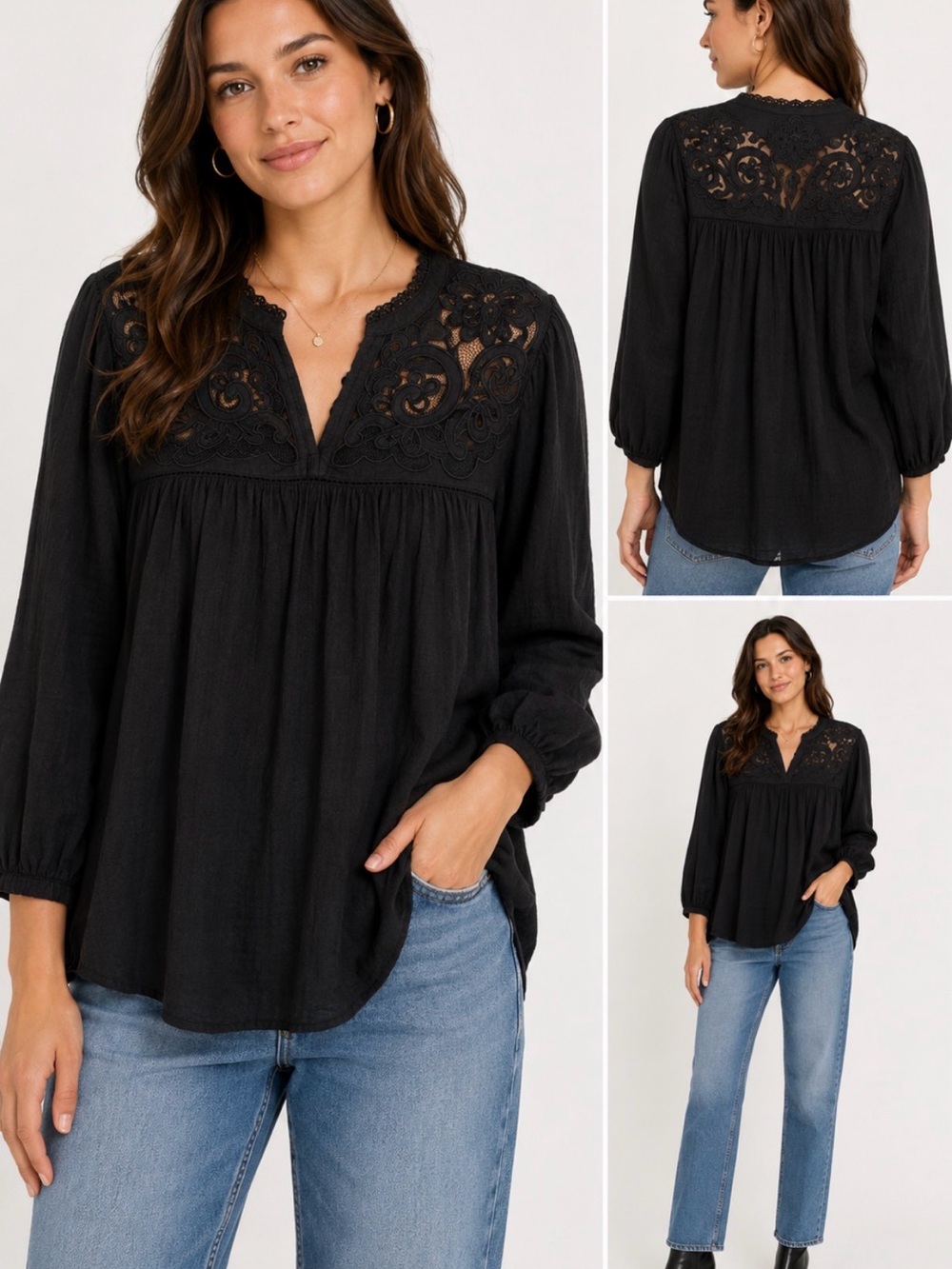 Treasure & Bond Black Embroidered Lace Boho Blouse NWT Size S